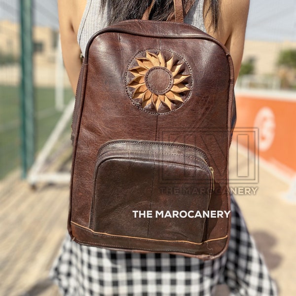 Handmade Leather Backpack, Boho Sunflower Genuine Leather bag with flower Design, Ideal for All Your Adventures and daily use