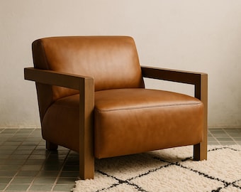 Handmade Tan Leather Armchair with Solid Wood Frame, Modern Lounge Accent Chair, Minimalist Living Room Seating, High Quality Design