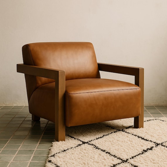 Handmade Tan Leather Armchair with Solid Wood Frame, Modern Lounge Accent Chair, Minimalist Living Room Seating, High Quality Design
