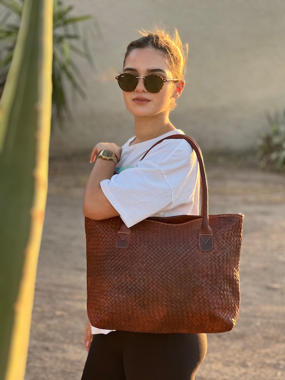 CELINE LEATHER BRAIDED PATTERN TOTE BAG