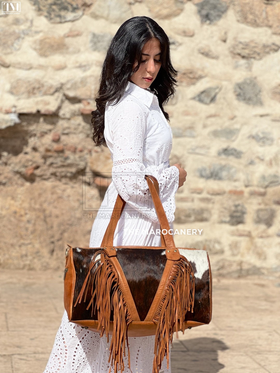 Cowhide Fringed Travel Bag, Fringe Bag, Boho Weekender Bag, Fringed