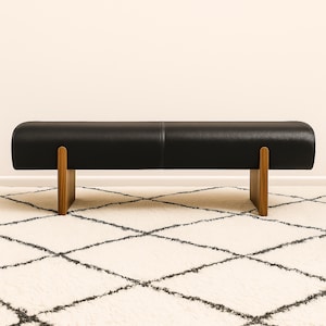 Modern Leather Bench with Solid Wood Base, Minimalist Black Upholstered Seating, Luxury Entryway or Bedroom Bench, Contemporary Home Décor