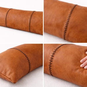 Funda de almohada cilíndrica de cuero hecha a mano - Cojín lumbar largo sin relleno - Almohada rústica de cuero marrón - Decoración única para el hogar imagen 9