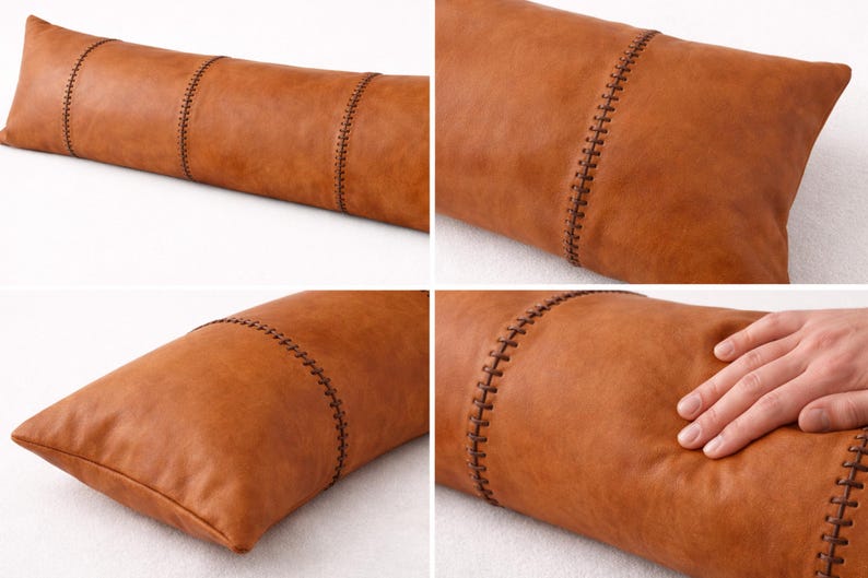 Funda de almohada cilíndrica de cuero hecha a mano - Cojín lumbar largo sin relleno - Almohada rústica de cuero marrón - Decoración única para el hogar imagen 9