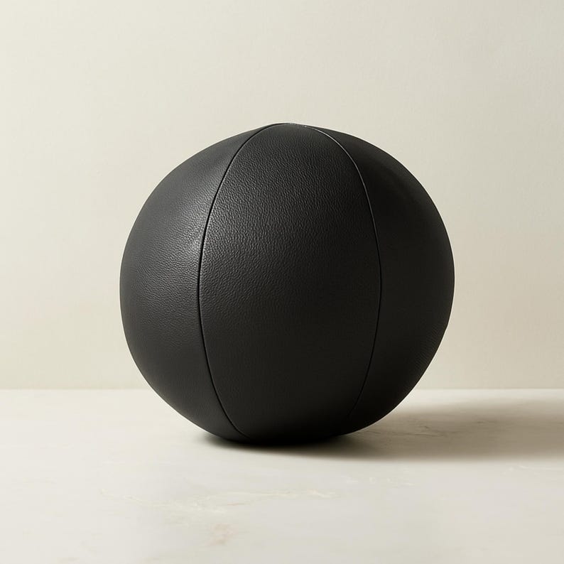 May include: A solid black, spherical decorative object with a textured surface. The ball has vertical seams and a rounded shape. The object is likely made of leather or a similar material. The background is a neutral color.