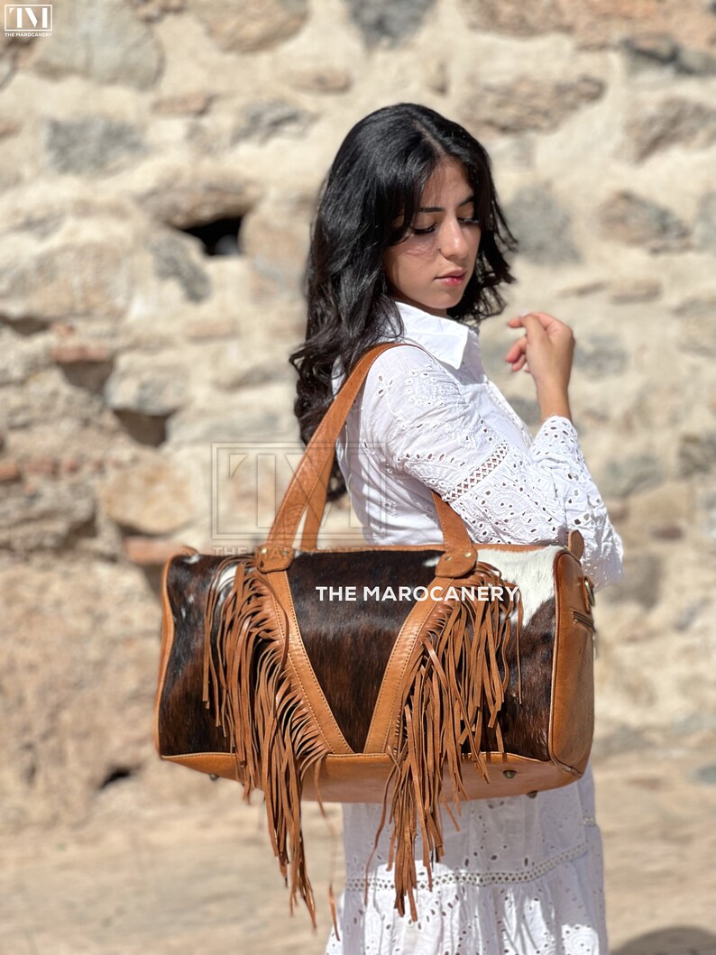 Cowhide Fringed Travel Bag, Fringe Bag, Boho Weekender Bag, Fringed