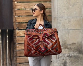 Handmade Kilim Travel Bag - Extra Large Bohemian Duffle Bag with Leather Accents