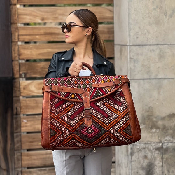 Handmade Kilim Travel Bag - Extra Large Bohemian Duffle Bag with Leather Accents