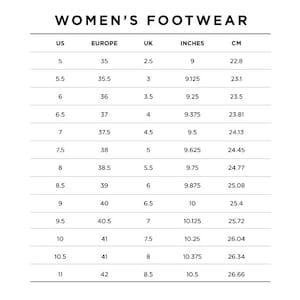 May include: A chart showing women's shoe sizes in US, European, UK, inches, and centimeters. The chart shows sizes from 5 to 11.