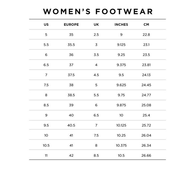 May include: A chart showing women's shoe sizes in US, European, UK, inches, and centimeters. The chart shows sizes from 5 to 11.