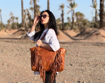 Tan Leather Fringe Bag, Bohemian Fringed Handbag, Handmade Tassel Purse, Western Style Shoulder Bag, Rustic Crossbody Fringe Bag
