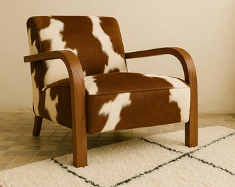Cowhide Lounge Chair Solid Wood, Handmade Armchair in Black or Brown, Natural Leather Chair for Living Room or Boho Reading Corner