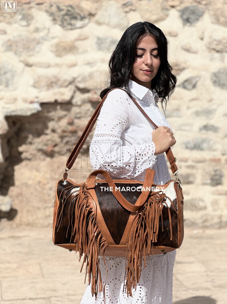Cowhide Fringed Travel Bag, Fringe Bag, Boho Weekender Bag, Fringed