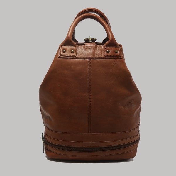 Cognac Leather Convertible Backpack - Stylish Crossbody Wear, Custom Handcrafted Top Handle Bag