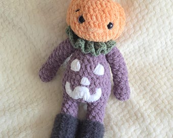 Crochet Pumpkin Doll Plushie | Halloween Stuffed Jack-o-lantern | READY TO SHIP