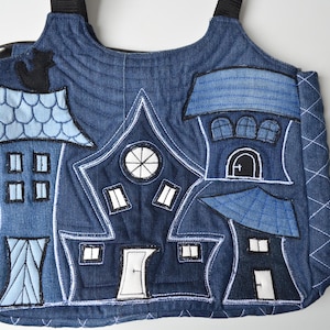 Jeans woman Bag, Handcrafted Recycled Jeans Bag with Charming House Applique