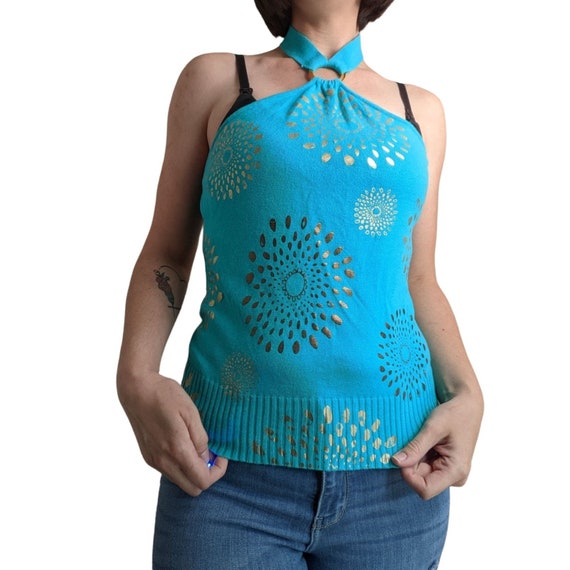 Vintage y2k Teal Gold Knit Halter Top - image 6