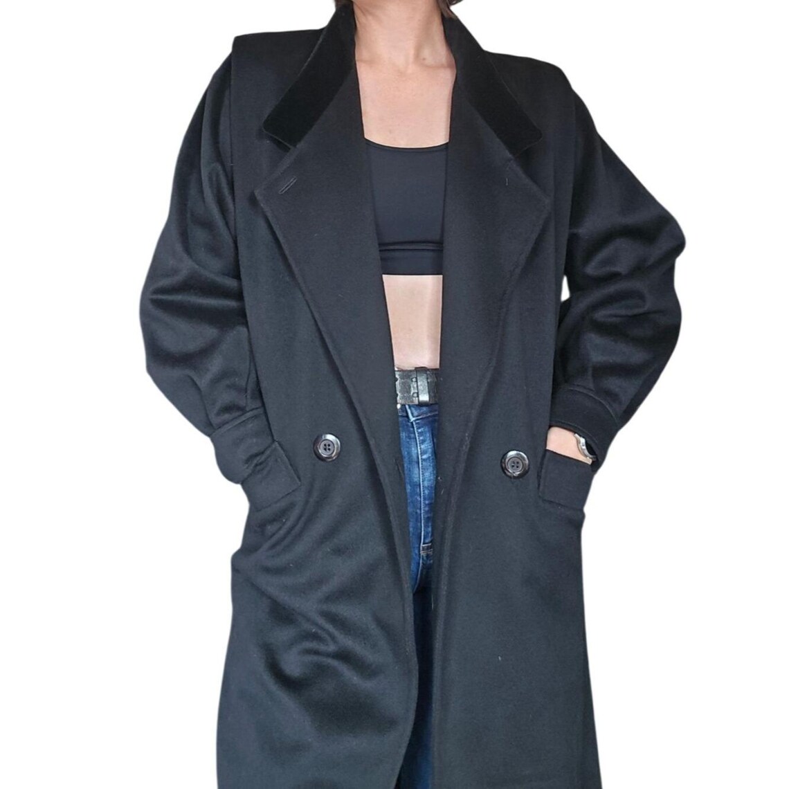 Vintage 1980s Michelle Stuart Black Wool Velvet Trimmed Trench Coat Estimated 14, photo 1 of 5