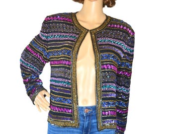 Chaqueta de noche estilo bolero de seda con cuentas de Adrianna Papell Boutique para mujer, talla L
