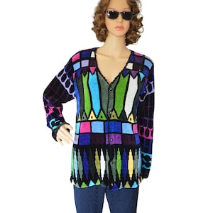 Vintage 80s Sweater Sweater Colorful Bold V Neck Cardigan Womens Size M Beads