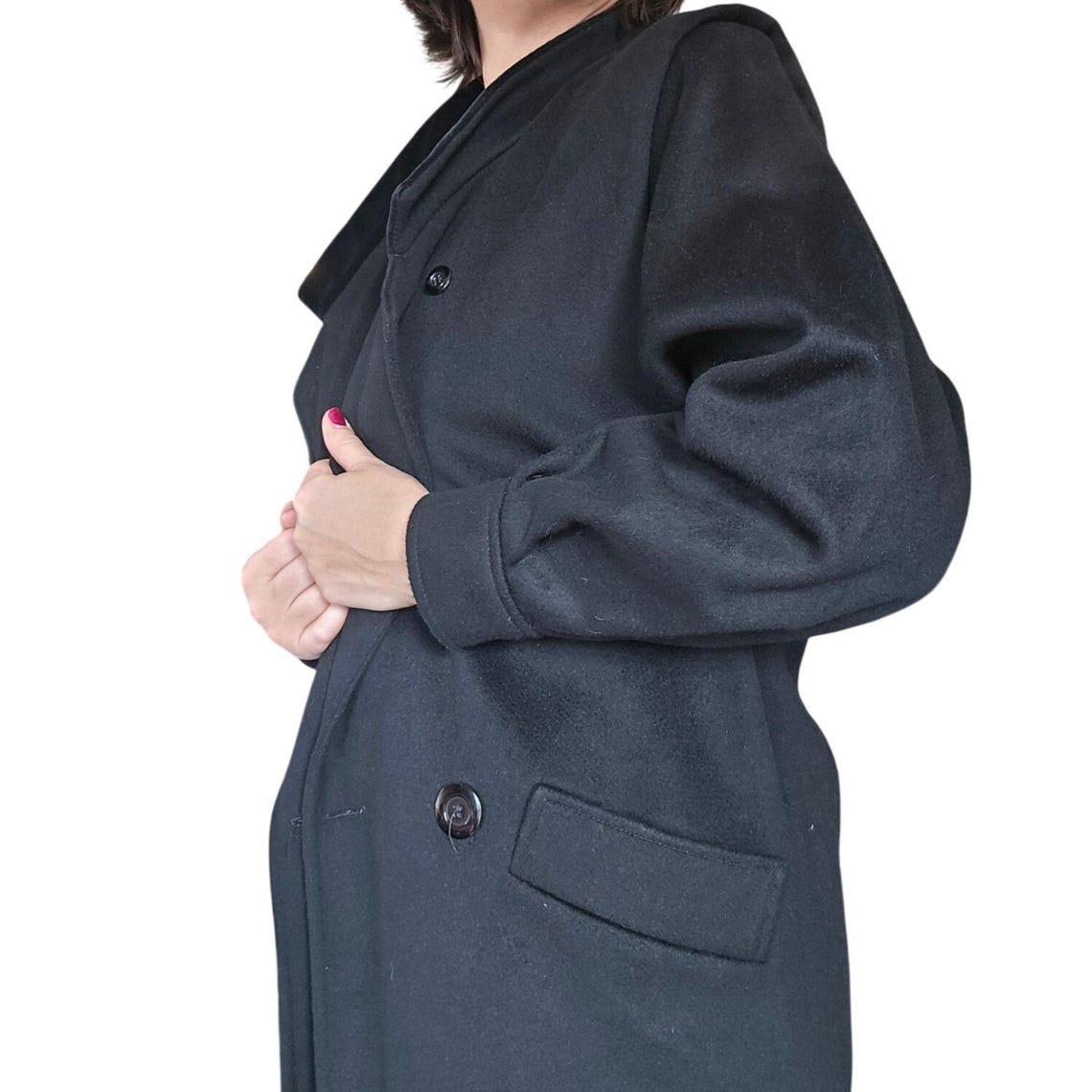 Vintage 1980s Michelle Stuart Black Wool Velvet Trimmed Trench Coat Estimated 14, photo 3 of 5