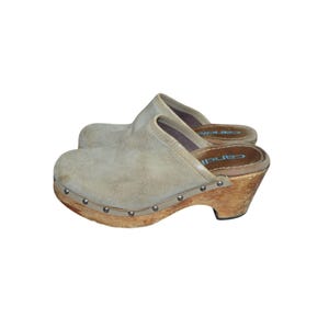 Candie's Beige Suede Leather Studded Platform Wooden Clogs Size 7 Boho Chunky