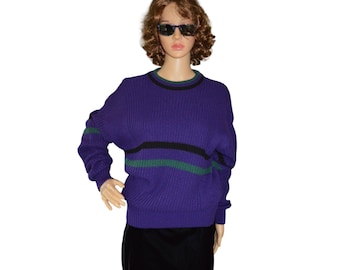 80er Jahre Trent Sport Herren Vintage Lila Strick Pullover Größe XL Streifen Sportlich Straße