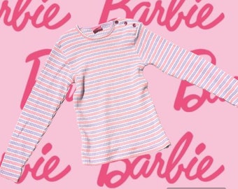 Vintage Barbie Girl's Ribbed Long Sleeve Tee Metallic Stripes Jeweled