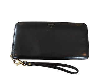 Fossil Wallet Black Leather Zip Around Accordion Wristlet Kelly Green Interior