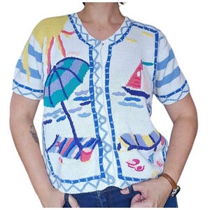 Vintage 80s Casual Corner Summer Beach Themed Knit Sweater Womens Size Large