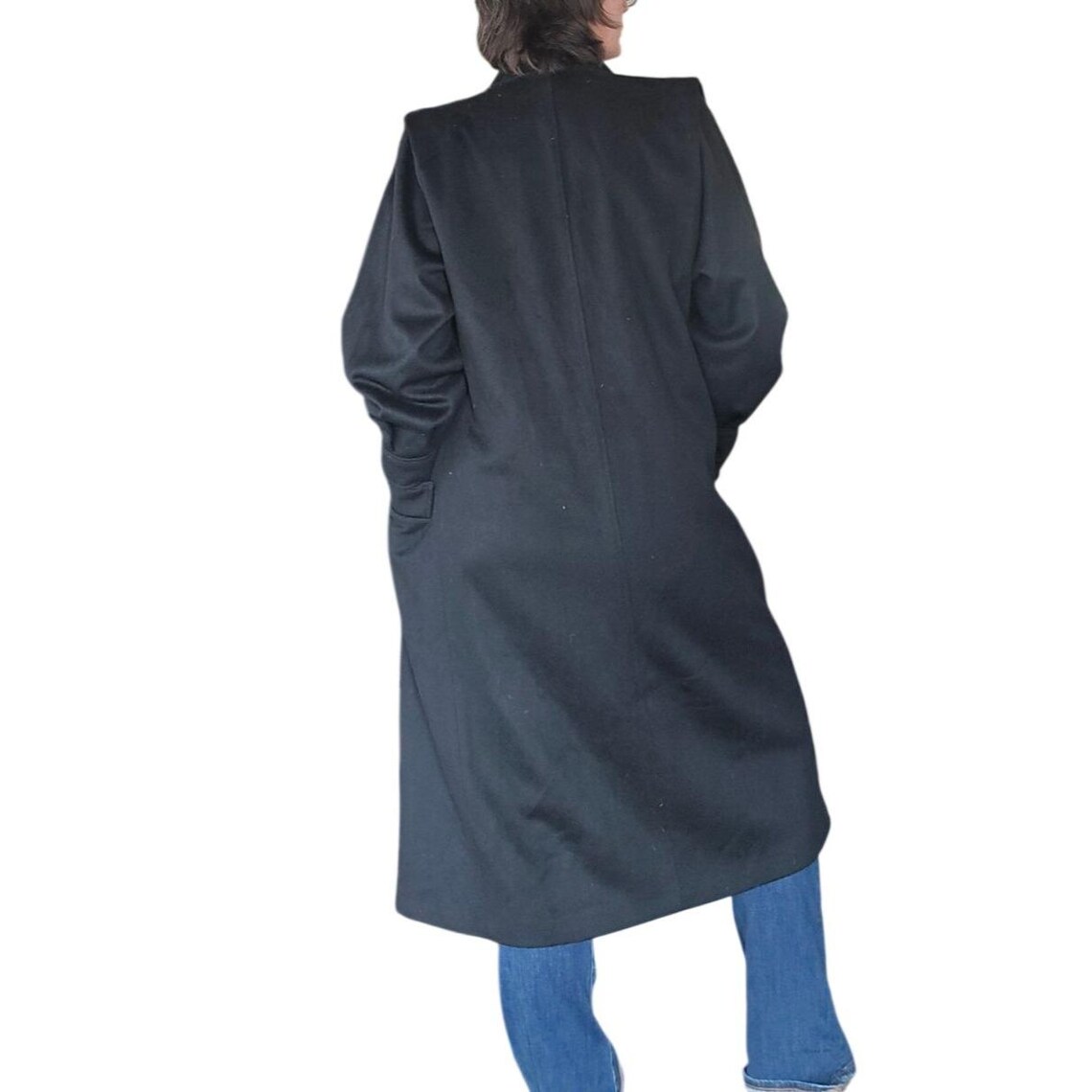 Vintage 1980s Michelle Stuart Black Wool Velvet Trimmed Trench Coat Estimated 14, photo 4 of 5