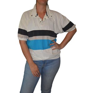 Vintage Greenline International Polo Shirt L White Black Blue Striped Cotton