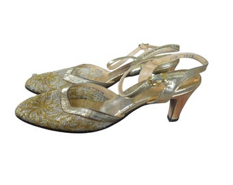 Vintage 90er Jahre Jacques Levine Slingback Heels Gold Floral Lace Spitze Zeh Größe 6,5