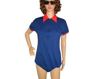 Traje de baño de nailon a rayas patrióticas vintage de los 90 de Sears para mujer, talla L, deportivo de verano.