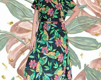 Vintage 90er A WILD THYME Tropical Maxi Kleid 18 + Schwarz Grün Gelb