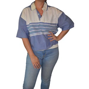 Vintage Envoy Polo Shirt Size L Blue & White Striped Short Sleeve Cotton Polyester