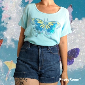 Vintage Curve Woman Blue Ribbed  Sequin Butterfly Tee 2X