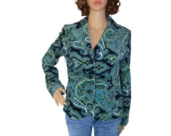 Blazer de terciopelo con estampado paisley de Talbots, estilo vintage Y2K, azul marino y verde, talla 6 de mujer, estilo preppy.