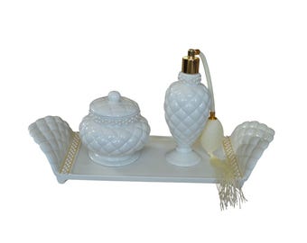 Neues Vintage 1999 Avon Porzellan Vanity 3-teiliges Geschenkset Quilted Hollywood Regency