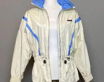 Vintage Descente Women's Ski Jacket Size XS Water-Resistant Cream & Blue Adjustable Waist Hidden Hood