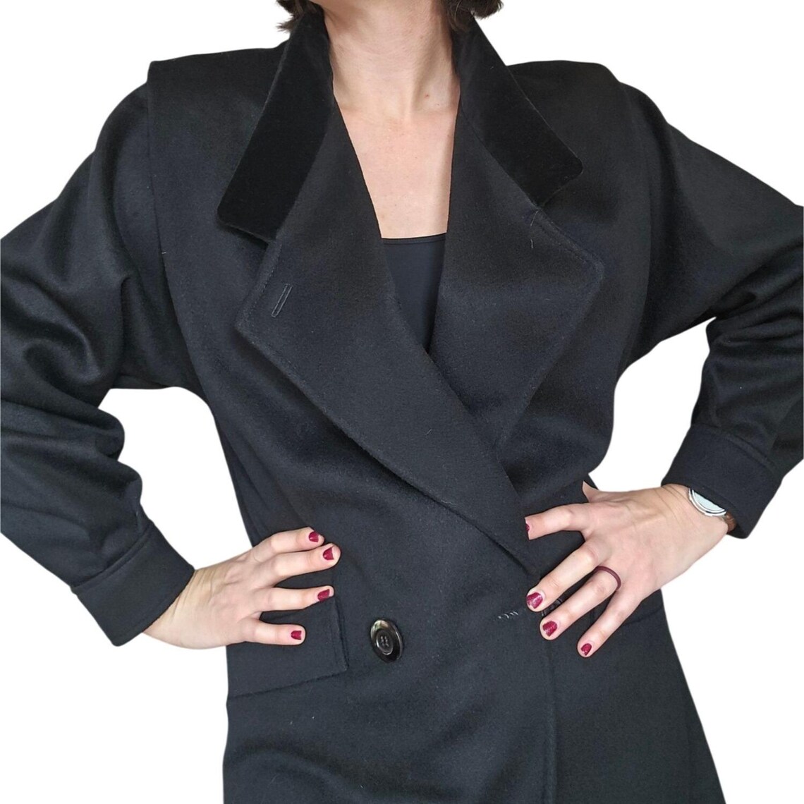Vintage 1980s Michelle Stuart Black Wool Velvet Trimmed Trench Coat Estimated 14, photo 2 of 5