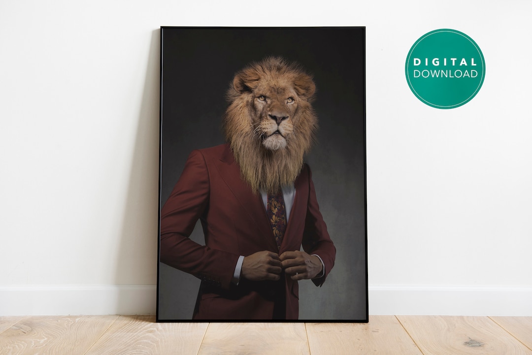 Lion Head, Human Body. Quirky Portrait Art Print. Animal Head, Human