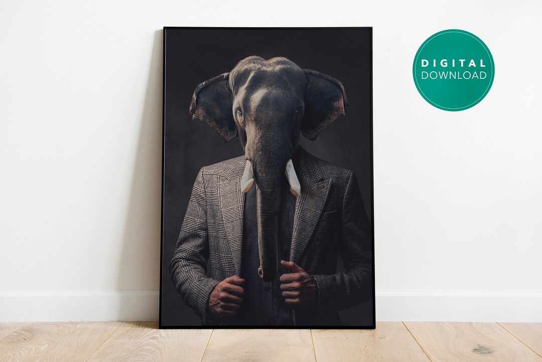 Elephant Head, Human Body. Quirky Portrait Art Print. Animal Head