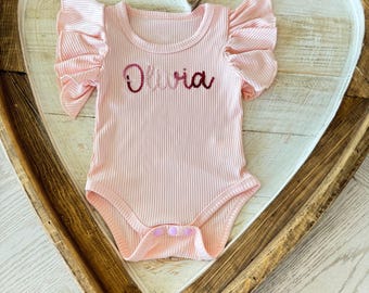 Custom Name Ruffle Sleeve Bodysuit, Embroidered Baby Name Bodysuit, Personalized Infant Name Romper, Personalized Baby Name Bodysuit