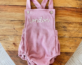 Personalized Baby Corduroy Romper - Custom Name Embroidered Overalls - Dusty Pink Baby Girl Outfit - Vintage Style Baby Clothes