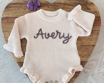 Personalized Embroidered Baby Romper, Ruffle Knit Sweater, Handmade