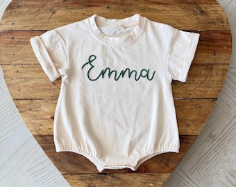 Personalized baby bubble romper, embroidered name bubble romper, hand stitched personalized name romper