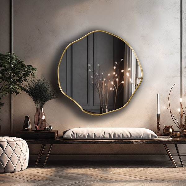 Ronde asymmetrische spiegel, geschulpte spiegel, glamoureuze wandspiegel, rond wanddecor voor damestoiletten - ronde spiegel met Asmiro-kwaliteit