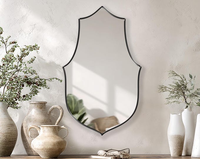 Regalia Mirror by Asmiro - Shield-Inspired Designer Mirror for Vanity, Bathroom or Entryway | Luxury Statement Wall Decor, Customizable Size