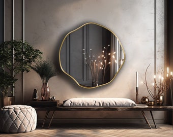 Specchio circolare asimmetrico, specchio smerlato, specchio da parete glamour, decorazione da parete rotonda per bagni di servizio - Specchio rotondo con qualità Asmiro